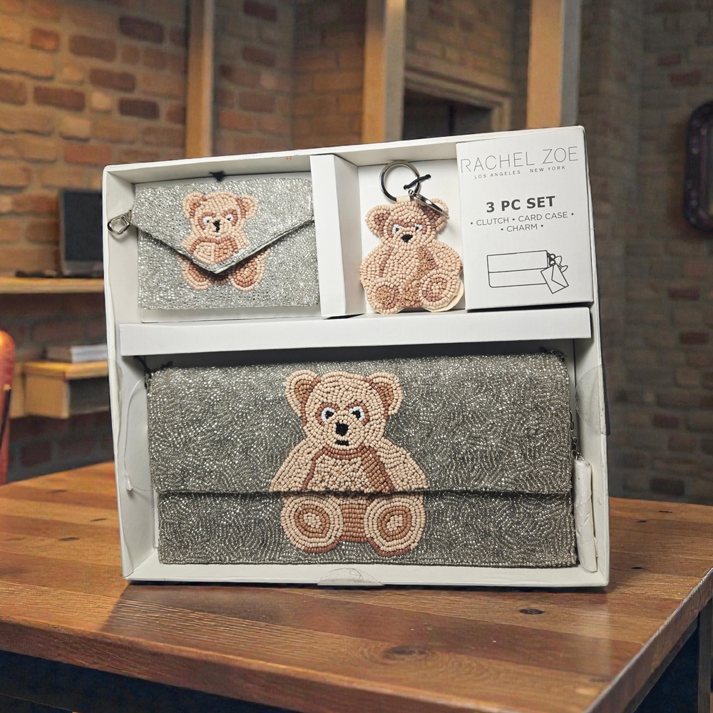 Rachel Zoe 3 Pc Set Beadded Silver and Brown Teddy Bear Clutch Card Case & Charm